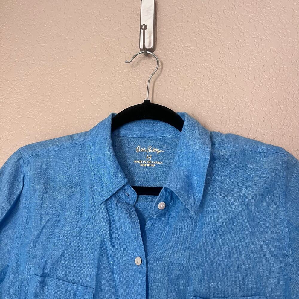 Lilly Pulitzer 100% Linen Blue Button Down Shirt Long Sleeve Medium Collared - Picture 4 of 8